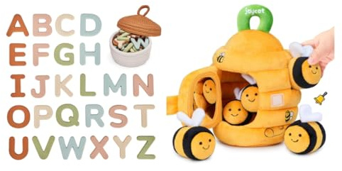 JoyCat Baby Toys - Soft Baby Beehive with 5 Sensory Bees + Silicone Alphabet Magnetic Letters, 26 Uppercase ABC Fridge Magnets for Toddlers & Kids