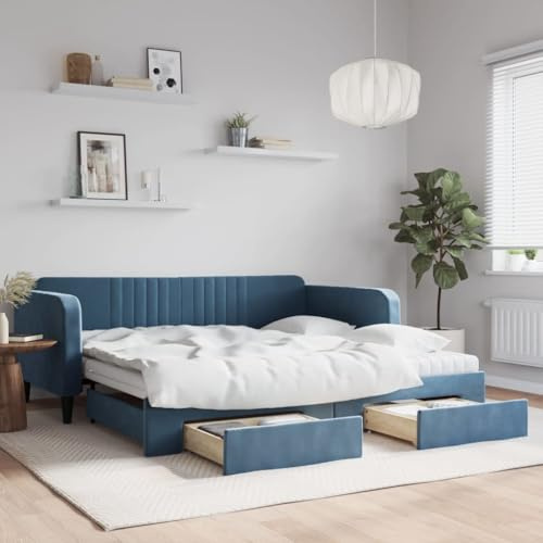 Teenpull Blaues Ausziehbares Tagesbett mit Schubladen, Samt gepolstert, inklusive Matratzen, wandelbar zum Doppelbett, Stabiler Bettrahmen, Möbel für Gäste & Schlafzimmer.