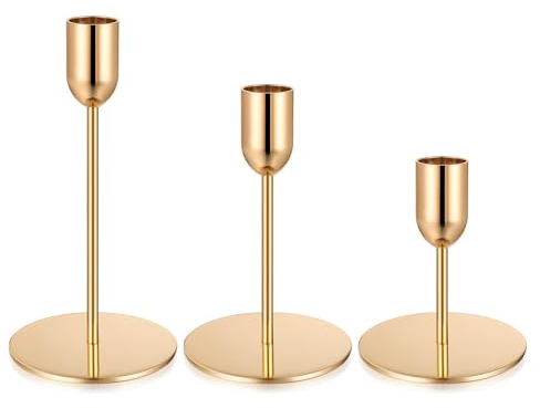Set of 3 Gold Candlestick Holders for Taper Candles, Gold Candle Holders, Metal Tall Taper Candle Holder Stands for Home Decor Wedding Party Table Centrepiece Decoration(Cup Style)