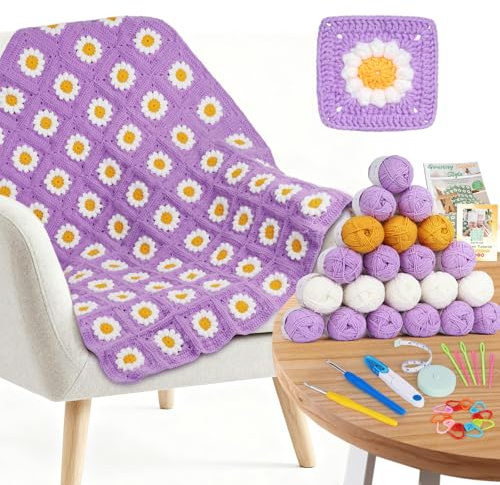 Aeelike Crochet Blanket Kit, Complete Crochet Kit for Beginners Adults with Step-by-Step Instructions, Video Tutorials, 21x50g Yarn and Accessories, Learn to Crochet Daisy Granny Square Blanket Kit