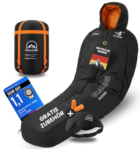 GOALPINE® Madeira Schlafsack für große Personen | 4 Jahreszeiten | mit Armöffnung | 400 GSM 0-10 Grad Komfort | wasserabweisend | kleines Packmaß | Atmungsaktiv | Mumienschlafsack | Trekking