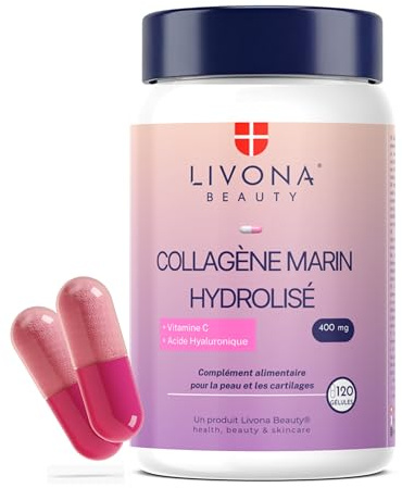 LIVONA BEAUTY - Complexe COLLAGEN | Collagène Marin 800mg & Acide Hyaluronique 80mg | Haute Dose Vitamine C – Anti-Âge | Peau Ferme, Cheveux & Ongles | 120 Gélules | Fabriqué en UE