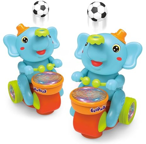 LexTex Éléphant Musicien Batteur, Jouet À Balle Soufflante avec Lumières Et Sons, Tambour Électrique À Balle Roulante, Bébé Éléphant Batteur De Football, Jouets Sensoriels À Balles Flottantes(Blue*2)