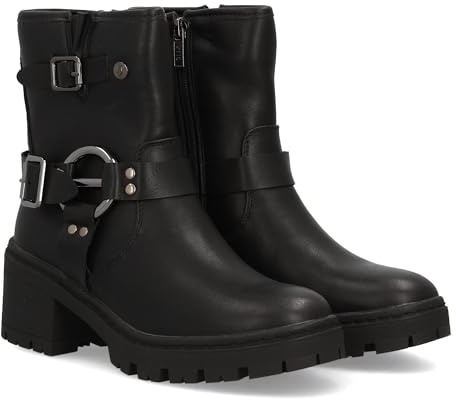 Bottines motardes pour femme, mi-mollet, fermeture éclair latérale. Double boucle décorative avec anneaux métalliques. Semelle épaisse et talon large. Idéales pour l'automne et l'hiver. Noir Talla 37