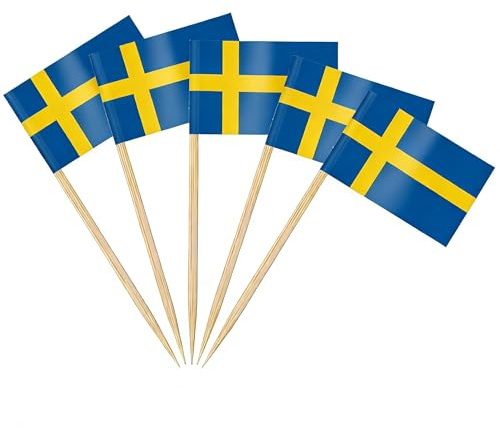 AhfuLife 100/200 st tandpetarflaggor, cocktailpinne flagga för nationaldag smörgås mat cupcake toppers servis, VM-festtillbehör, pub, kungligt evenemang dekor (Sverige, 100 st)