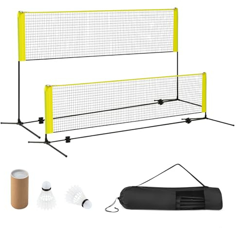 COSTWAY Badmintonnetz Outdoor 3/4/5 m, Volleyballnetz Garten wetterfest, Federballnetz höhenverstellbar mit 2 Federbällen & Tragetasche, Badminton Set tragbar mit Netz für Badminton Tennis Volleyball