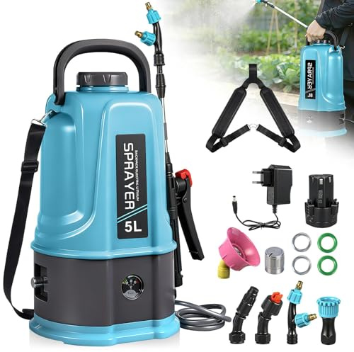 wowspeed Akku Drucksprüher 5 Liter Elektrischer Gartenspritze Drucksprüher 5L mit 6 Nebeldüsen, Ladegerät und Teleskopstab, Einstellbar Pflanzensprüher für Pflanzenschutz, Garten & Auto