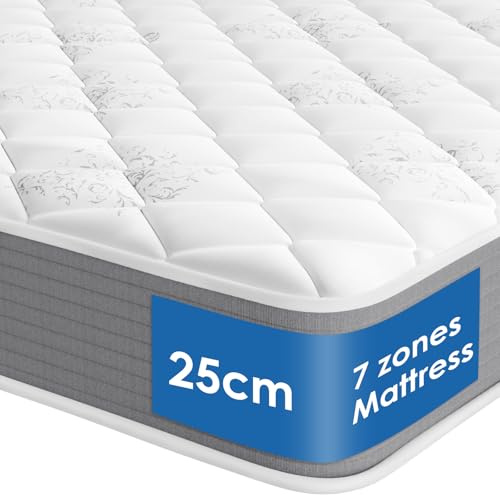 Materasso singolo, materasso 90x200-Altezza 25 cm-Schiuma memory-Sostegno a 7 zone-Tessuto traspirante-Rigidità media-Design ergonomico-Materasso a molle insacchettate-Certificazione Oeko-Tex