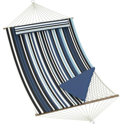 Garvee 2 Person Outdoor Hammock with Stand, Fabric Hammock with Removable Ultra‑Soft Ergonomic Pillow, Outdoor Camping Swing Bed with 1Solid Wood Spreader Bar and Polyester Ropes for Backyard, Patio