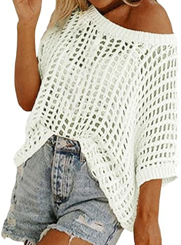 Top Crochet Mujer Verano Jersey Corto Punto Calado Camiseta Cuello Redondo Manga Corta Suéter Playa Rebeca Blanco Blusa