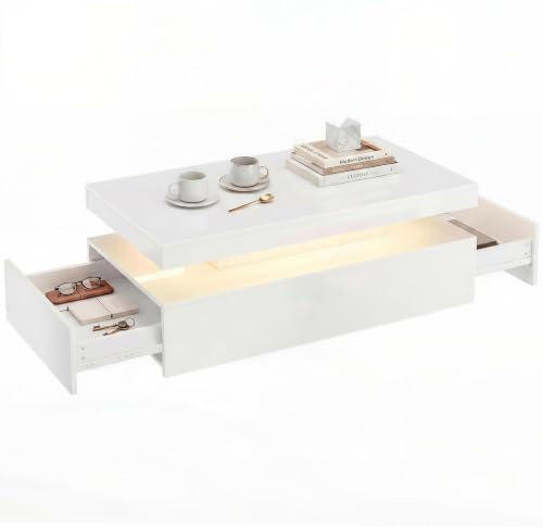 HOMCOM Couchtisch Kaffeetisch mit Dimmbar RGB LED-Lichtleiste, 2 Schubladen | Hochglanz Wohnzimmertisch, Modern, APP-Steuerung, Musik, Timer, Beistelltisch, Schlafzimmer 100x50x40cm Weiß