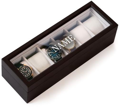 CASE ELEGANCE Edle Uhrenbox aus Echtholz für 6 Uhren mit Glasfenster Espresso mit Monogramm