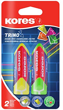 Kores - Trino: Gomme Colorate Triangolari in PVC con Rivestimento in Carta per Bambini, Studenti e Adulti, Non Tossiche e Adatte ai più Piccoli, , 60 x 20 x 18 mm, Confezione da 2 in 4 Colori Fluo
