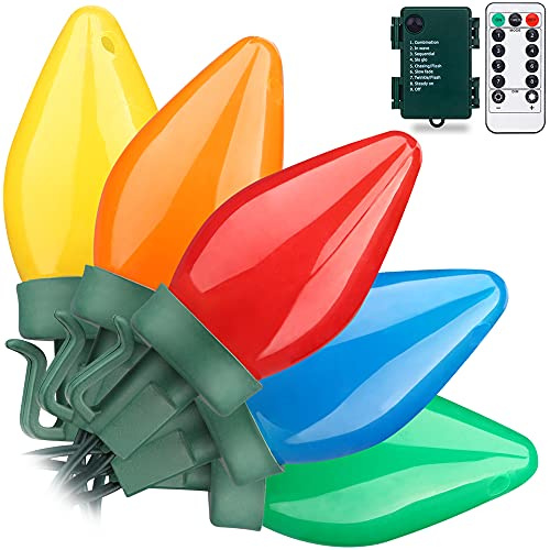 RECESKY C7 Bulbs Christmas String Lights with Remote - 50 LED 26ft Battery String Lights - Fairy Christmas Lighting for Outdoor Yard Wreath House Party Xmas Tree Christmas Decorations - Multi Color