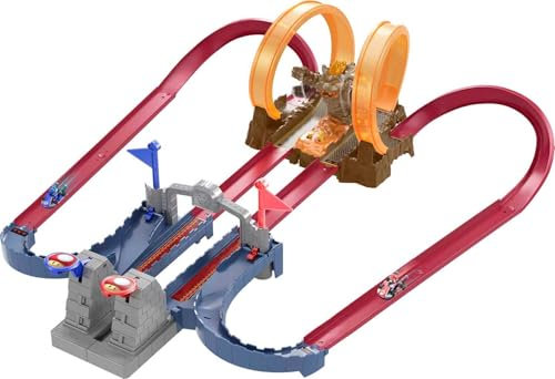 Hot Wheels GNM22 - Mario Kart Bowsers Festung, modulares Trackset mit Kopf-an-Kopf-Rennstrecken, Flaggen zur Rundenzählung, Bowser Figur, Autorennbahn Geschenk für Kinder ab 3 Jahren