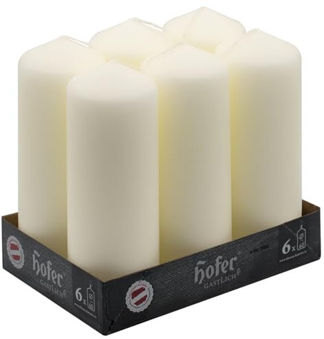 Hofer - Stumpenkerzen Säulenkerzen, 6 Stück Set, Lange Brenndauer ca. 54 Stunden, Durchmesser 6 cm, Höhe 16,5 cm, Elfenbein Ivory, kein Duft, Tropffrei, Wachskerzen, Hergestellt in Österreich