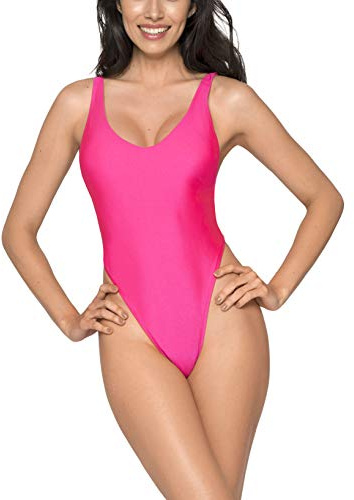 RELLECIGA Monokini, one-piece, string-thong, bikini, högt skuren baddräkt, Neon rosa, L