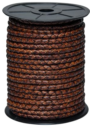 Cords Essentials Round Braided Genuine Leather String Bolo Cord, Rope for Jewelry Making, Necklaces, Bracelets, Wraps, Crafts and Hobby Projects (Distressed Dark Brown, 5 MM 5.46 Yards = 5 MTR Spool)