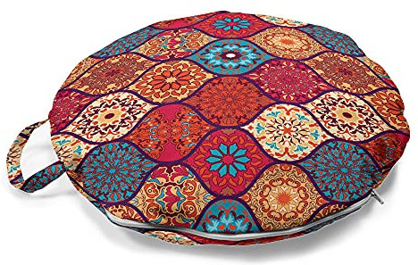 ABAKUHAUS marokkanisch Rundes Bodenkissen mit Griff, Oriental Wellig Natur, dekoratives Kissen für Wohnzimmer & Schlafsäle, 45 cm, Mehrfarbig