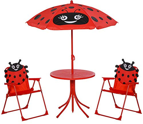 Outsunny 4tlg. Kindersitzgruppe Garten Gartentisch 2 Klappstühle Sonnenschirm Camping Kindersitzgarnitur Gartenmöbel für 3-5 Jahre Rot
