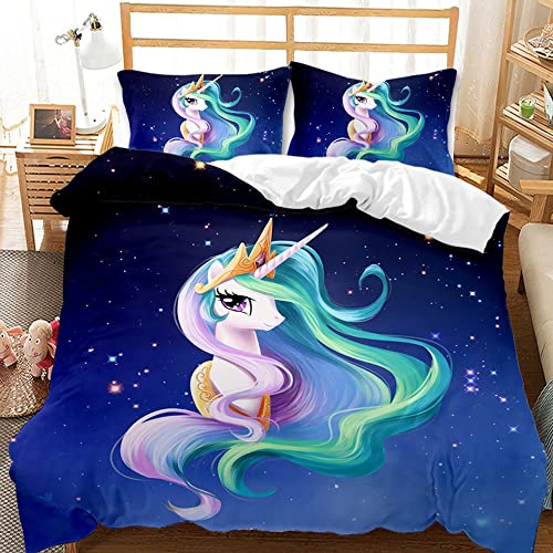 AOXHFNV Einhorn Mädchen Rosa Bettwäsche Set 135x200cm Süßer Stern-Mond-Muster Bettbezug für Kinder, Jungen und Mädchen (Blau, 135 x 200 cm)