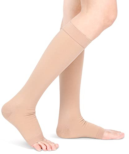 Chaussettes de Compression pour Hommes et Femmes, Bas de Compression à Bout Ouvert, 20-30 MmHg, Soutien Gradué, Genou Haut, Mollet, Manches de Compression pour la Grossesse, le Voyage, le(M-La peau)