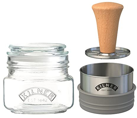 KILNER Mash & Store Set, Guacamole-Set mit 0,5 Liter Vorratsglas | Edelstahl-Lochsieb, Stempel, luftdichter Glasdeckel, für Hummus, Babybrei, BabaGhanoush, frische Zubereitung