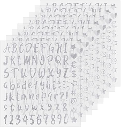 Pinsheng 8 Blatt Alphabet Aufkleber Buchstaben Glitzer für Hüte Abschlussfeier Dekoration, Glitzer Zahlen für DIY Kunst Handwerk (Silber)