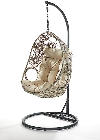 Kobolo Hängekorb Hängesessel Lilly mit Gestell Schwingkorb - Polyrattan - grau meliert - Innenbereich und geschützter Außenbereich
