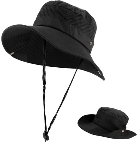 NONMON Sonnenhut Herren Damen, Outdoor UV Schutz Sommerhut mit Breiter Krempe & Kinnriemen Safari-Hut Fischerhut Faltbar für Wandern Angeln Rennen - Schwarz