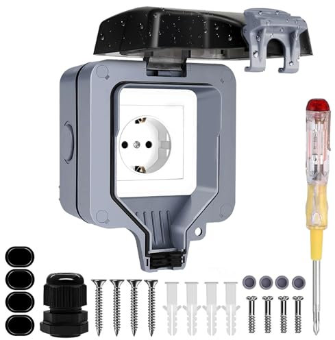 Aussensteckdose Wasserdicht IP66 Outdoor Steckdose,1 Fach Außensteckdose Aufputz Wetterfest Gartensteckdose Schutzkontakt Wandsteckdose mit Klappdeckel für Feuchtraum Gärten Mini CD Play Steckdose