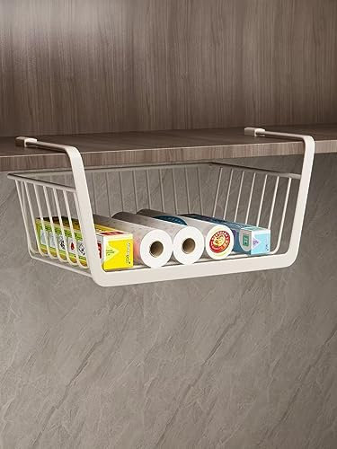 Tielag Under Shelf Storage Basket, Under Shelf Hanging Metal Wire Storage Basket, Hanging Cabinet Storage Basket Organizer for Kitchen, Office, Pantry, Bathroom, Cabinet, White, 1 Pack