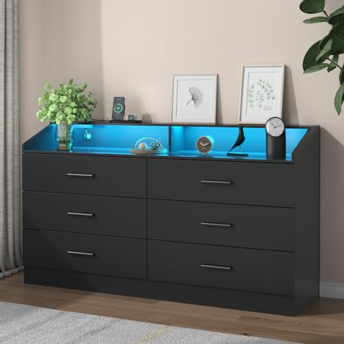 Gyfimoie 6 Drawer Dresser with Power Outlet, Chest of Drawers with LED Light, Modern Dresser with Open Storage Cubby, Double Wide Dressers Organizer for Bedroom, Living Room, Entryway, Hallway