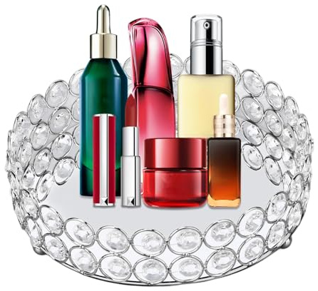 Tissting Crystal Cosmetic Makeup Vanity Bricka, 20 cm (8 tum) runt smycke Organizer bricka speglad dekorativ bricka för förvaring parfym, toalettartiklar, smycken, heminredning bricka (silver)