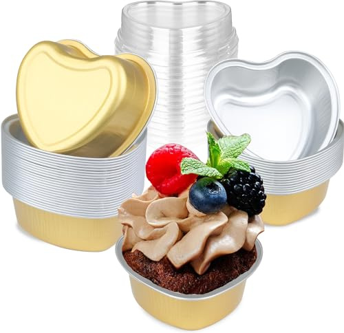 EDUEE Moldes para tartas en forma de corazón de 3.5 pulgadas, molde de aluminio con tapas, 25 piezas desechables de corazón pequeño para hornear cupcakes, 3.5 onzas para San Valentín, bodas,