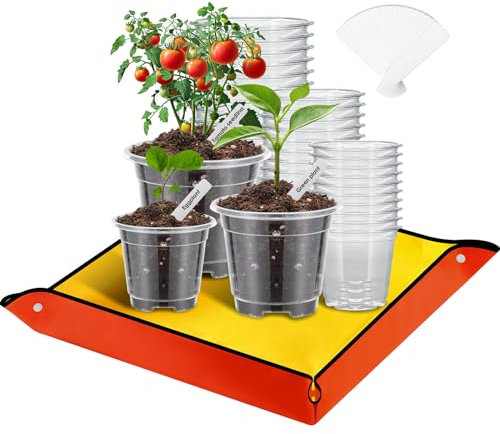 Mactoou 30Pcs Plastic Plant Pots with Repotting Mat, 8.9cm 10.2cm 12.7cm Orchid Pot with Holes, Clear Nursery Pots with 20pcs Plant Labels, 66cm x 66cm PE Planting Mat for Indoor Garden Plants