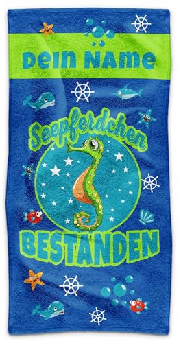 PR Print Royal Kinder-Handtuch mit Name personalisiert - Seepferdchen bestanden - Blau, Geschenk für Jungen, Schwimmunterricht, Handtuch Personalisieren | 70 x 140 cm