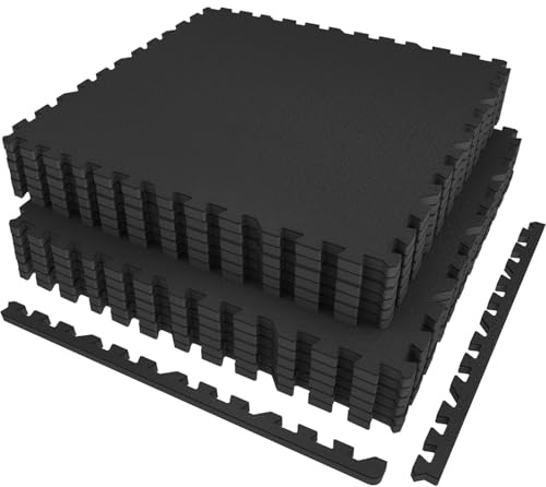 AIRHOP 12 pzs 60x60x1,4cm Tapete de Equipamiento de Ejercicio con Superficie de Goma Robusta y Extra Grueso,Tapete de Protección de Suelo en Rompecabezas para Gimnasio y Casa,Tapete Fitness Negro BK