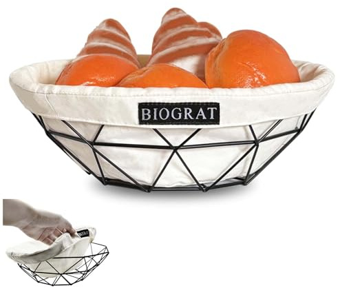 BIOGRAT® 2 Stück Brötchenkorb Brotkorb mit Stoffeinsatz Modern Schwarz, Ø 26,5 cm Obstkorb Obstschale aus Metall