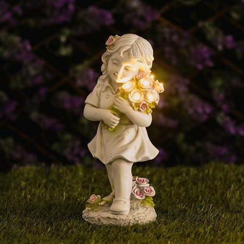 Garden Mile Solar Statue Garden Ornament Outdoor Fairy Decorations Garden Figurine Solar Powered LED Lighting for Patio and Balcony, Resin Weatherproof Statue with Light up Flower Bouquet
