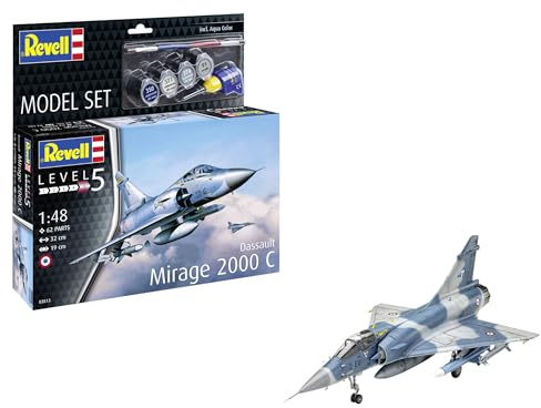 Revell Modellbausatz Dassault Mirage 2000C | Kampfflugzeug mit einzigartigem Flugkontrollsystem | Maßstabsgetreu mit detailliertem Fahrwerk | Zubehör inkl. Kleber und Pinsel