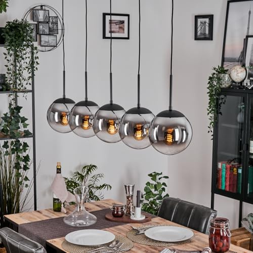 HOFSTEIN Hängeleuchte Gastor, 5-flammige Hängelampe aus Metall/Glas in Schwarz/Chrom/Rauch/Klar, Vintage-Design (Ø 20cm), E27, Pendelleuchte höhenverstellbar max. 140cm, Esszimmer, Wohnzimmer, Küche
