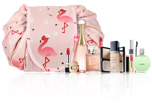 Umimiss Flat Lay Makeup Bag - Travel Essentials, Makeup Organiser, Large Capacity, Drawstring, Pink
