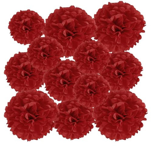 PATIKIL 12 Stück 10/15/20 cm Pom Poms Papier Blumen, Papierblumen Hochzeitsdeko Seidenpapier für Hochzeit Brautdusche Geburtstagsparty Hintergrund Dekoration, Rot