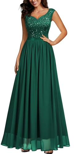 MIUSOL Women's Double V Neck Sequin Lace Chiffon Evening Prom Party Wedding Maxi Dress (Medium, Dark Green)