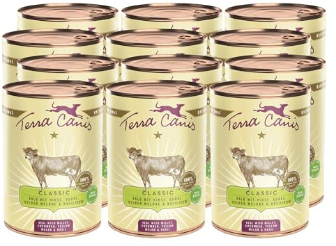 Terra Canis Vitello con miglio e cetriolo, cibo Classic per cani, 12x400g | Materie prime di qualità alimentare al 100%, con carne fresca e frattaglie nutrienti, senza glutine e povero di cereali