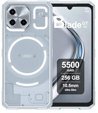 DOOGEE Blade GT 5G Telephone Incassable, 32 Go RAM + 256 Go ROM, Batterie 5500mAh, Écran 6.72 Pouces FHD+ 120Hz, AI Camara 48MP, Octa-Core 6nm, Android 14, Double SIM, NFC, Ultra Mince, 2024 - Argent