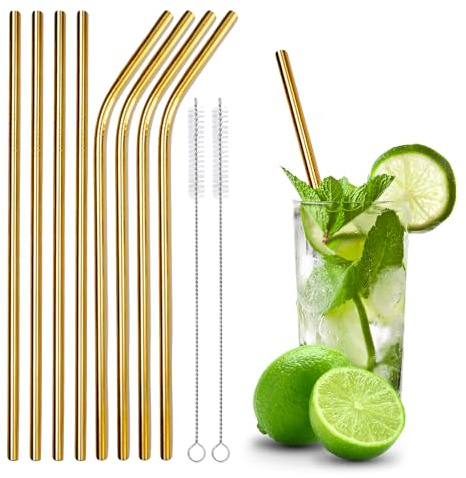 Lavishly Reusable Stainless Steel Metal Straws Set - 4 Straight & 4 Bent Straws + 2 Cleaning Brushes | Eco-Friendly, BPA-Free, Non Disposable Drinking Straws for Hot & Cold Beverages (Gold)