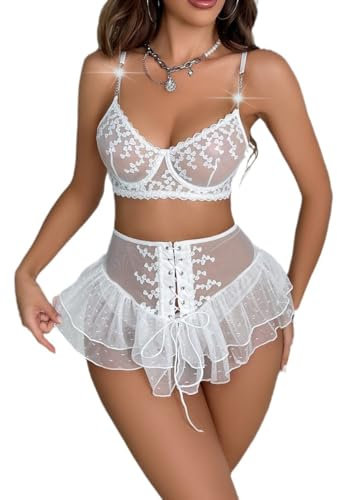 Satohom Women's Sexy 3 Pieces Lingerie Sets Lace Underwire Push Up Bra Sheer Mesh Mini Skirt with Thong Embroidered Naughty Babydoll Underwear Valentine Nightwear for Bedroom White