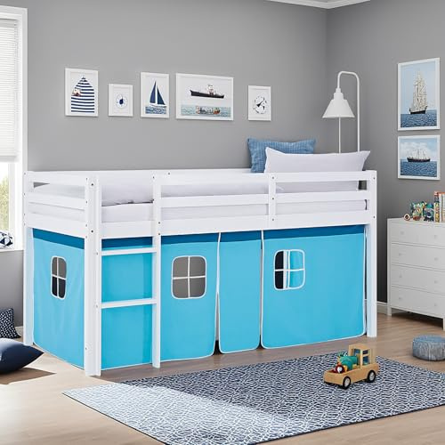 Homestyle4u Hochbett 90x200 cm, Kinderbett Holz Kiefer Massiv, Blau | Kinderhochbett mit Vorhang & Rausfallschutz - Hochwertiges Spielbett mit Leiter & Sichtbarer Holzmaserung - Hellblau